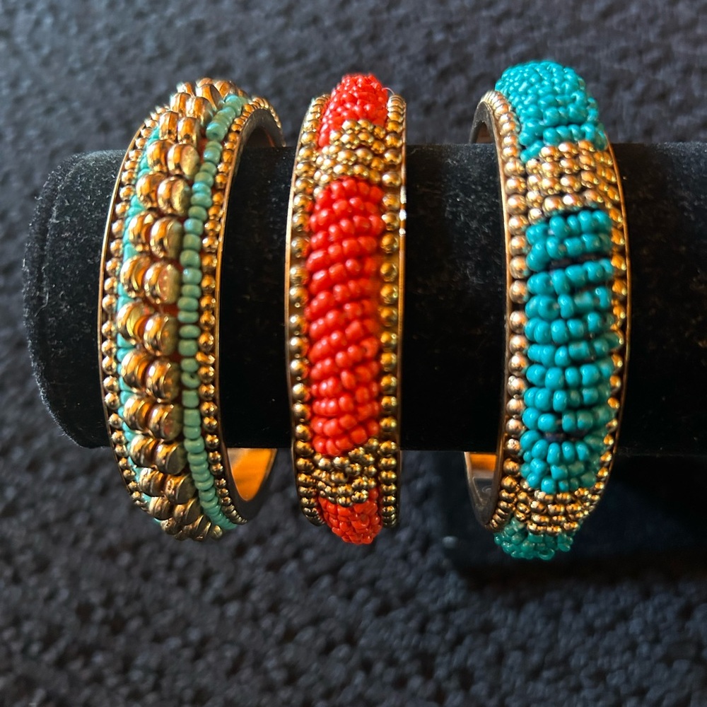 2 Chic Gold Bangles with Red and Turquoise Beads